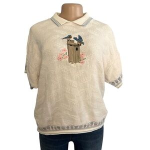 3/$30 ☀️ Chelsea Gardens Short Sleeve Collared Sweater Embroidered Bird Cream